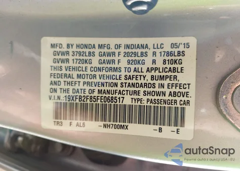 2015 Honda Civic Ex z USA, uszkodzony, nr VIN 19XFB2F85FE068517